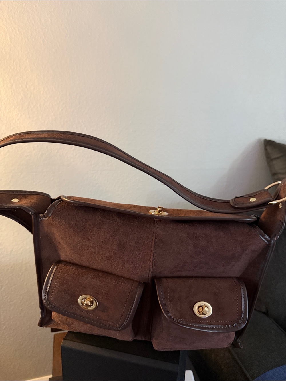 Source Unknown Brown Suede Shoulder Bag with Dual Front Pockets